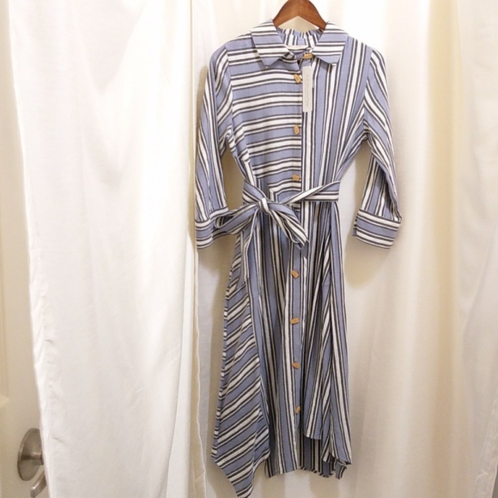Asymmetrical Striped‎ Midi Shirt Dress w/ Belt - Sz Small - NWT